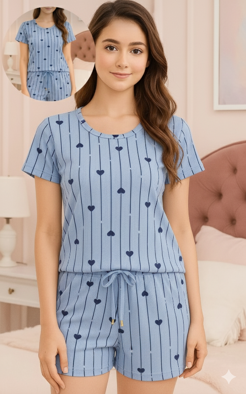 Pijaminha em Algodão Canelado com Estampa de Corações